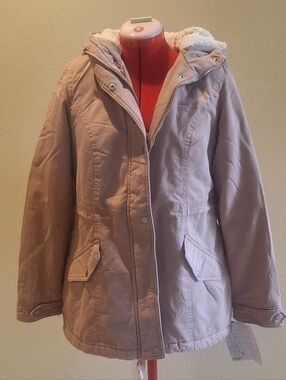 Kohl's Women's Hooded Puffer Coat in Taupe with Sherpa Trim